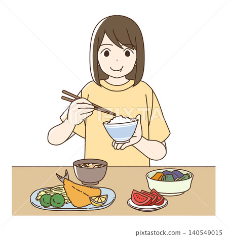 An illustration of a girl eating a balanced meal. An illustration of a girl eating a balanced meal. 140549015