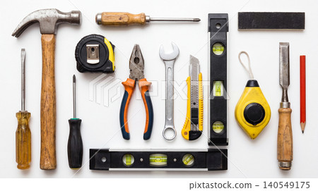 Set of professional hand tools for carpentry and construction with carpentry construction screwdriver hardware equipment professional maintenance building improvement workshop tradesman Set of professional hand tools for carpentry and construction with carpentry construction screwdriver hardware equipment professional maintenance building improvement workshop tradesman 140549175