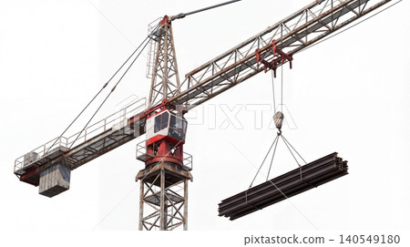 Tower crane lifting heavy steel beams at construction site with construction industrial building infrastructure engineering development equipment operator material vertical structure 140549180