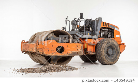 Industrial soil compactor road roller on white background with site work heavy duty compactor construction industrial machinery equipment infrastructure engineering development transportatio 140549184