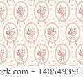 Seamless pattern with scalloped oval cameos, floral bouquets of roses and hydrangeas tied with ribbon bows on soft cream background. Cottagecore grandmillennial romantic textile design. 140549396