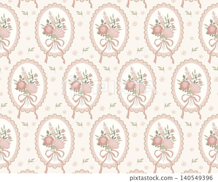 Seamless pattern with scalloped oval cameos, floral bouquets of roses and hydrangeas tied with ribbon bows on soft cream background. Cottagecore grandmillennial romantic textile design. Seamless pattern with scalloped oval cameos, floral bouquets of roses and hydrangeas tied with ribbon bows on soft cream background. Cottagecore grandmillennial romantic textile design. 140549396