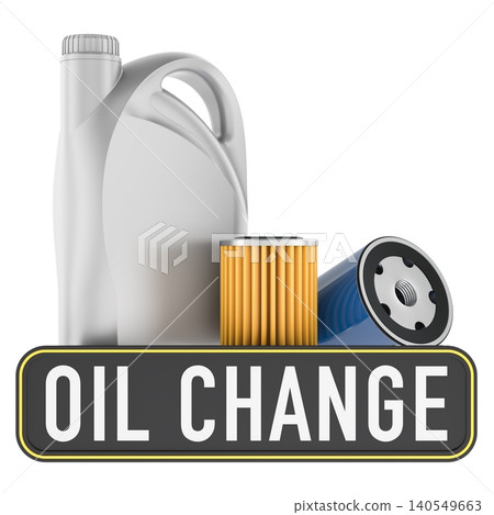Motor oil change kit with canister, oil filter and funnel for car maintenance, 3d rendering Motor oil change kit with canister, oil filter and funnel for car maintenance, 3d rendering 140549663