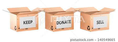Open cardboard boxes labeled keep, donate and sell for decluttering, moving and home organization, 3d rendering 140549665