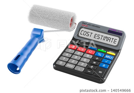 Paint roller and calculator. Cost estimate for renovation, concept. 3D rendering Paint roller and calculator. Cost estimate for renovation, concept. 3D rendering 140549666