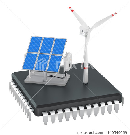 Renewable energy chip with solar panels and wind turbine. 3D rendering 140549669