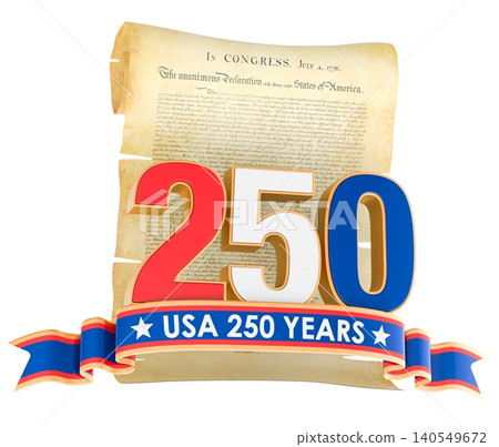 USA 250 years emblem with Declaration scroll and patriotic ribbon. 3D rendering 140549672