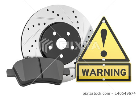 Brake disc and pad with warning sign for car safety. 3D rendering Brake disc and pad with warning sign for car safety. 3D rendering 140549674
