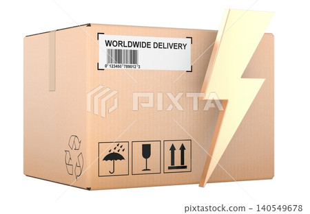 Cardboard shipping box with lightning bolt. Fast international shipping, concept. 3d rendering 140549678