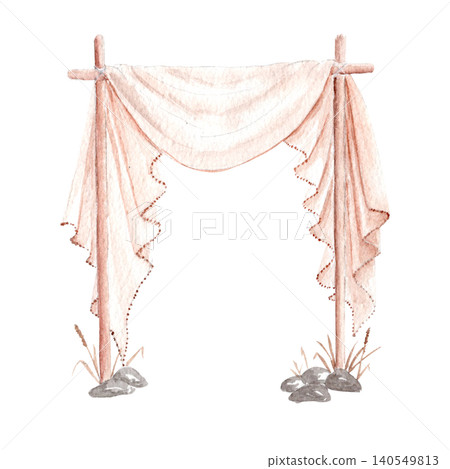 Watercolor boho wedding arch with draped fabric and natural wooden frame. Elegant ceremony backdrop with copy space for invitations, greeting cards, signage, event stationery and celebration designs 140549813