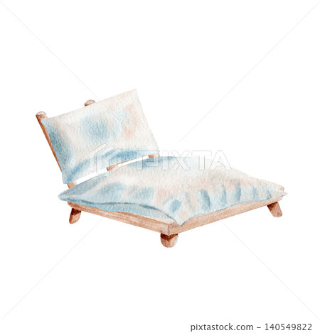 Watercolor beach lounge chair with cushion. Hand painted coastal furniture illustration isolated on white. Perfect for summer decor, resort branding, invitations, greeting card, seaside themed project 140549822