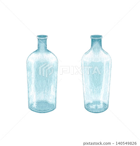 Watercolor blue glass bottles isolated on white background. Hand painted transparent coastal containers, vintage style, suitable for beach decor, nautical designs, clipart collections, summer projects Watercolor blue glass bottles isolated on white background. Hand painted transparent coastal containers, vintage style, suitable for beach decor, nautical designs, clipart collections, summer projects 140549826