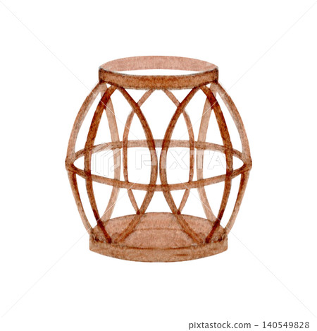 Watercolor rattan lantern with woven wicker frame. Hand painted coastal decor illustration isolated on white. Perfect for beach house decor, wedding stationery, invitations and boho interior designs 140549828