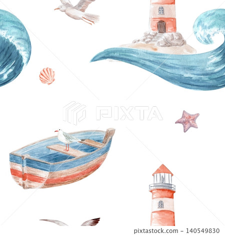 Watercolor rowboat, lighthouse, ocean waves, seagull, starfish, seashell seamless pattern. Hand painted nautical design in soft blue, coral tones for wallpaper, fabric, textiles, beach house decor Watercolor rowboat, lighthouse, ocean waves, seagull, starfish, seashell seamless pattern. Hand painted nautical design in soft blue, coral tones for wallpaper, fabric, textiles, beach house decor 140549830