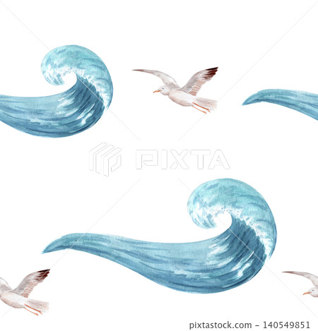 Watercolor seamless pattern ocean waves, seagulls isolated on white. Hand painted nautical repeat design for fabric, wallpaper, wrapping paper, home decor, marine themed products, textiles, accessory Watercolor seamless pattern ocean waves, seagulls isolated on white. Hand painted nautical repeat design for fabric, wallpaper, wrapping paper, home decor, marine themed products, textiles, accessory 140549851