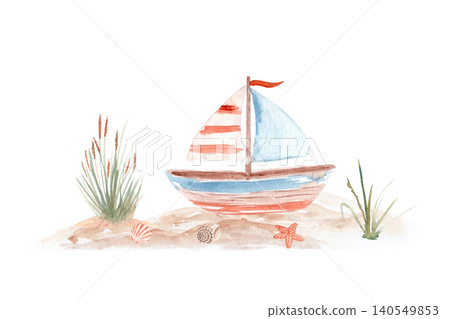 Watercolor sailboat on sandy beach with seashells, starfish and coastal grass. Hand painted nautical clipart in soft pastel colors for nursery decor, textiles, stationery, wallpaper and summer designs Watercolor sailboat on sandy beach with seashells, starfish and coastal grass. Hand painted nautical clipart in soft pastel colors for nursery decor, textiles, stationery, wallpaper and summer designs 140549853
