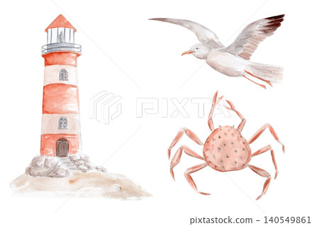 Watercolor lighthouse, seagull and crab coastal clipart set. Hand painted seaside illustration in soft pastel colors for nursery decor, stationery, invitations, textiles, summer designs and crafts Watercolor lighthouse, seagull and crab coastal clipart set. Hand painted seaside illustration in soft pastel colors for nursery decor, stationery, invitations, textiles, summer designs and crafts 140549861