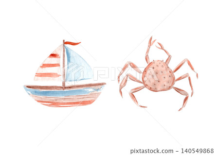 Sailboat, crab watercolor clipart set. Hand painted coastal illustration collection in soft pastel colors, isolated on white background, perfect for nursery decor, summer designs, stationery, branding 140549868