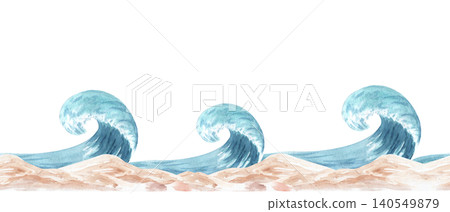 Coastal watercolor border with ocean waves and sandy dunes. Hand-painted seaside illustration in soft nursery style, isolated on white background, ideal for decor, invitations, textiles and stationery 140549879