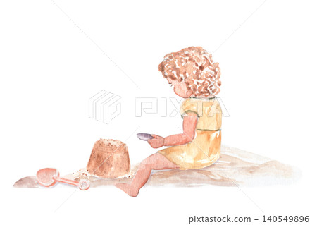 Curly haired child building a sandcastle watercolor illustration isolated on white. Hand painted beach scene for nursery decor, storybooks, summer stationery, invitations and kids designs, wall art Curly haired child building a sandcastle watercolor illustration isolated on white. Hand painted beach scene for nursery decor, storybooks, summer stationery, invitations and kids designs, wall art 140549896