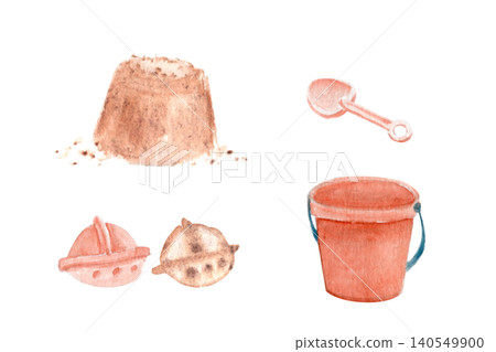 Sandcastle toys watercolor set with bucket, shovel, molds and sandcastle isolated on white. Hand painted clipart for nursery decor, beach party stationery, summer invitations and kids designs Sandcastle toys watercolor set with bucket, shovel, molds and sandcastle isolated on white. Hand painted clipart for nursery decor, beach party stationery, summer invitations and kids designs 140549900