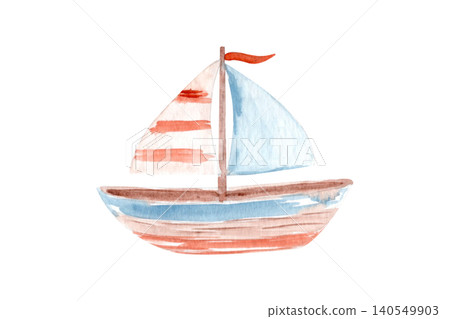 Toy sailboat watercolor illustration in soft coastal nursery style. Hand-painted nautical clipart isolated on white background, ideal for beach themes, children's decor, stationery, patterns, branding 140549903