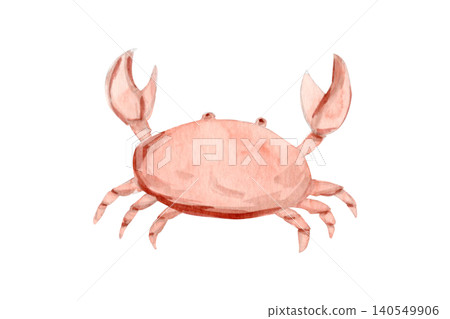 Pink coastal crab watercolor illustration in a soft nursery style. Hand-painted seaside clipart isolated on white background, ideal for beach themes, children's decor, stationery, patterns and 140549906