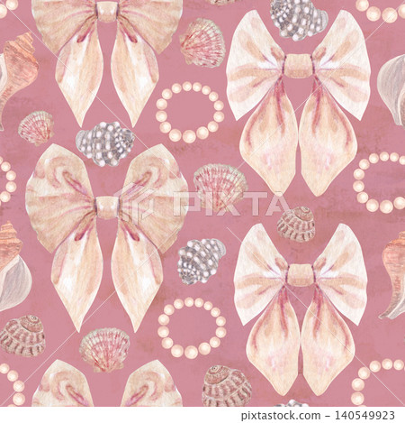 Seamless watercolor pattern with soft pink bow, pearl circle, seashells on pink background. Elegant hand-painted coastal wedding design, perfect for invitations, stationery, packaging, romantic decor Seamless watercolor pattern with soft pink bow, pearl circle, seashells on pink background. Elegant hand-painted coastal wedding design, perfect for invitations, stationery, packaging, romantic decor 140549923