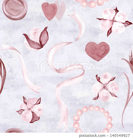 Cotton flowers, flowing ribbons, pearl accents, repeating design for luxury branding, packaging, stationery, textiles design. Elegant seamless watercolor pattern. Soft blush on stone white Cotton flowers, flowing ribbons, pearl accents, repeating design for luxury branding, packaging, stationery, textiles design. Elegant seamless watercolor pattern. Soft blush on stone white 140549927
