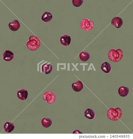 Ripe cherry berries whole and halves watercolor seamless pattern isolated on grey green background, fruit surface design for food packaging, textile prints, wrapping paper, branding and decorative Ripe cherry berries whole and halves watercolor seamless pattern isolated on grey green background, fruit surface design for food packaging, textile prints, wrapping paper, branding and decorative 140549935