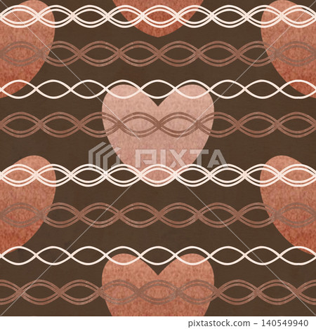 Seamless pattern hand painted hearts, braided ornamental lines in warm earthy tones on dark textured background. Watercolor style rustic design for packaging, branding, textile, surface applications 140549940