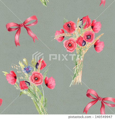 Poppy bouquets, red ribbon bows on muted green background. Watercolor floral seamless pattern. Hand painted romantic composition, perfect for packaging, textile design, gift wrapping, festive branding Poppy bouquets, red ribbon bows on muted green background. Watercolor floral seamless pattern. Hand painted romantic composition, perfect for packaging, textile design, gift wrapping, festive branding 140549947