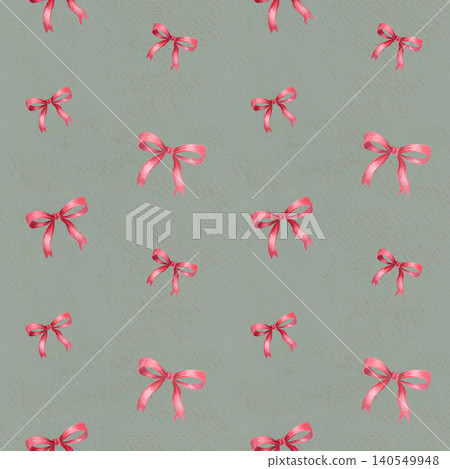 Red ribbon bow on soft green seamless minimal watercolor pattern. Hand painted simple festive element, organic spacing, modern clean design perfect for wrapping paper, textile, branding, holiday Red ribbon bow on soft green seamless minimal watercolor pattern. Hand painted simple festive element, organic spacing, modern clean design perfect for wrapping paper, textile, branding, holiday 140549948