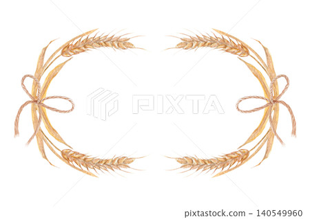 Elegant watercolor wheat frame, rustic rope bow, hand painted natural tones. Perfect for bakery branding, organic packaging, logo design, labels, invitations and artisan food projects. Copy space Elegant watercolor wheat frame, rustic rope bow, hand painted natural tones. Perfect for bakery branding, organic packaging, logo design, labels, invitations and artisan food projects. Copy space 140549960