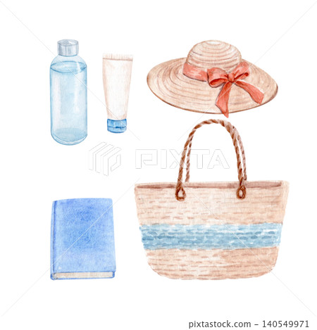 Straw hat, woven bag, reusable bottle, sunscreen tube, book. Watercolor summer beach accessories set isolated on white. Coastal vacation style for travel branding, seasonal design. Hand painted Straw hat, woven bag, reusable bottle, sunscreen tube, book. Watercolor summer beach accessories set isolated on white. Coastal vacation style for travel branding, seasonal design. Hand painted 140549971