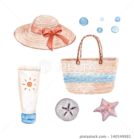 Straw hat, woven tote bag, sunscreen tube, seashells and bubbles. Watercolor beach accessories. Hand painted summer illustration set for travel branding, vacation packaging, stickers and coastal Straw hat, woven tote bag, sunscreen tube, seashells and bubbles. Watercolor beach accessories. Hand painted summer illustration set for travel branding, vacation packaging, stickers and coastal 140549981