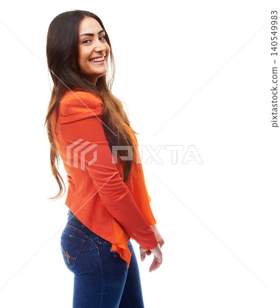 Happy woman, portrait and trendy fashion in studio and excited for creative studies by white background. Israel student, positive face and style jacket for gen z aesthetic and education in mockup 140549983