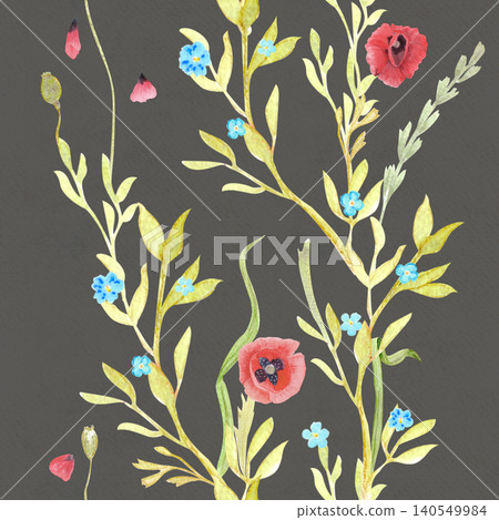 Watercolor poppy and forget-me-not seamless pattern on gray, delicate floral background with red and blue wildflowers, hand painted romantic illustration for textile, packaging and wrapping paper 140549984