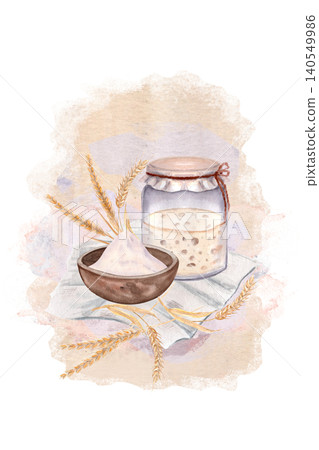 Watercolor sourdough starter, flour bowl and wheat ears on soft background. Hand painted rustic illustration for bakery branding, recipe cards, packaging and organic food design. Baking ingredients Watercolor sourdough starter, flour bowl and wheat ears on soft background. Hand painted rustic illustration for bakery branding, recipe cards, packaging and organic food design. Baking ingredients 140549986