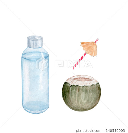 Watercolor tropical summer drink elements isolated on white background. Hand painted reusable water bottle, coconut cocktail, paper umbrella in beach style for travel branding, resort design, decor 140550003