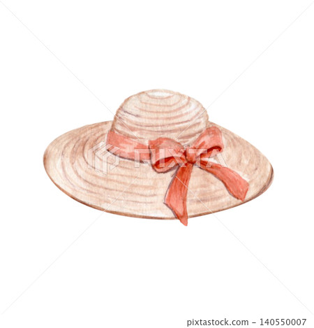 Watercolor straw summer hat ribbon bow isolated on white background. Hand painted feminine accessory in soft pastel tones, elegant vintage fashion illustration for branding, packaging, seasonal design Watercolor straw summer hat ribbon bow isolated on white background. Hand painted feminine accessory in soft pastel tones, elegant vintage fashion illustration for branding, packaging, seasonal design 140550007