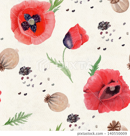Red poppy flowers, buds, seed pods, scattered seeds seamless watercolor pattern on cream. Natural botanical composition for textile, wrapping paper, packaging, wallpaper, surface design, soft texture 140550009