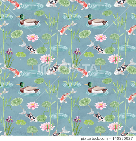 Seamless watercolor pattern with koi carp, duck, lotus flowers, bamboo, lily pads on blue water background. Dense decorative pond design for textile, fabric, wallpaper, wrapping paper, surface pattern Seamless watercolor pattern with koi carp, duck, lotus flowers, bamboo, lily pads on blue water background. Dense decorative pond design for textile, fabric, wallpaper, wrapping paper, surface pattern 140550027