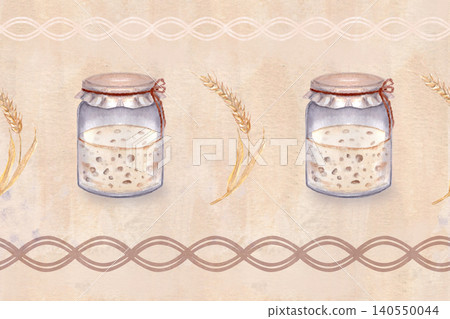 Sourdough starter jar, wheat. Seamless watercolor stripe pattern hand painted rustic bakery border with braided lines, horizontal design for packaging, textile, surface design. Parchment background Sourdough starter jar, wheat. Seamless watercolor stripe pattern hand painted rustic bakery border with braided lines, horizontal design for packaging, textile, surface design. Parchment background 140550044