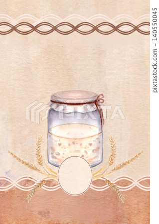 Watercolor bakery label with sourdough starter jar and wheat. Hand painted rustic composition with clean space for text. Warm earthy tones design for food packaging, branding and artisanal products Watercolor bakery label with sourdough starter jar and wheat. Hand painted rustic composition with clean space for text. Warm earthy tones design for food packaging, branding and artisanal products 140550045