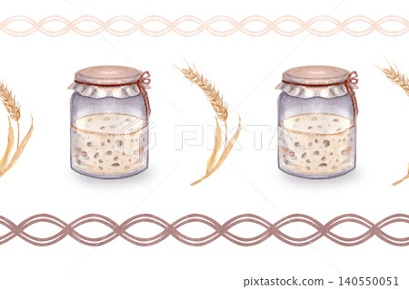 Seamless watercolor stripe pattern with sourdough starter jar, wheat. Hand painted rustic bakery border with braided ornamental lines, repeating horizontal design for packaging, textile, surface Seamless watercolor stripe pattern with sourdough starter jar, wheat. Hand painted rustic bakery border with braided ornamental lines, repeating horizontal design for packaging, textile, surface 140550051