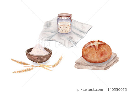 Wheat, flour, sourdough starter and bread. Watercolor baking process set. Hand painted artisanal elements, natural fermentation from grain to loaf, isolated on white background for packaging, branding Wheat, flour, sourdough starter and bread. Watercolor baking process set. Hand painted artisanal elements, natural fermentation from grain to loaf, isolated on white background for packaging, branding 140550053