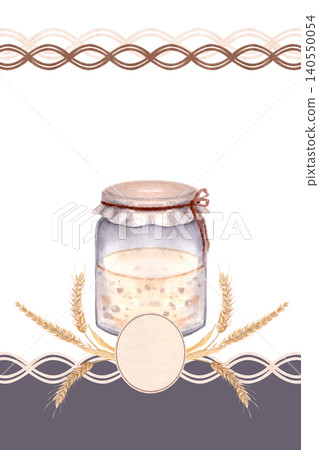 Watercolor bakery label with sourdough starter jar and wheat. Hand painted rustic composition with clean space for text. Warm earthy tones design for food packaging, branding and artisanal products Watercolor bakery label with sourdough starter jar and wheat. Hand painted rustic composition with clean space for text. Warm earthy tones design for food packaging, branding and artisanal products 140550054