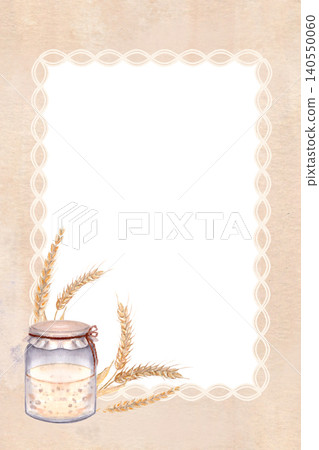 Watercolor ornamental frame with braided border lines on textured parchment background. Hand painted rustic design with empty center for text, suitable for invitations, menu, packaging and branding Watercolor ornamental frame with braided border lines on textured parchment background. Hand painted rustic design with empty center for text, suitable for invitations, menu, packaging and branding 140550060