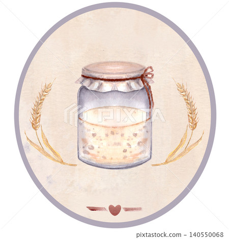 Sourdough starter jar and wheat watercolor label on parchment. Rustic hand painted bakery design in warm natural tones, round composition for packaging, branding, stickers and artisan food products Sourdough starter jar and wheat watercolor label on parchment. Rustic hand painted bakery design in warm natural tones, round composition for packaging, branding, stickers and artisan food products 140550068